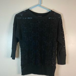 DEX fitted floral lace black 3/4 sleeve sweater top size small